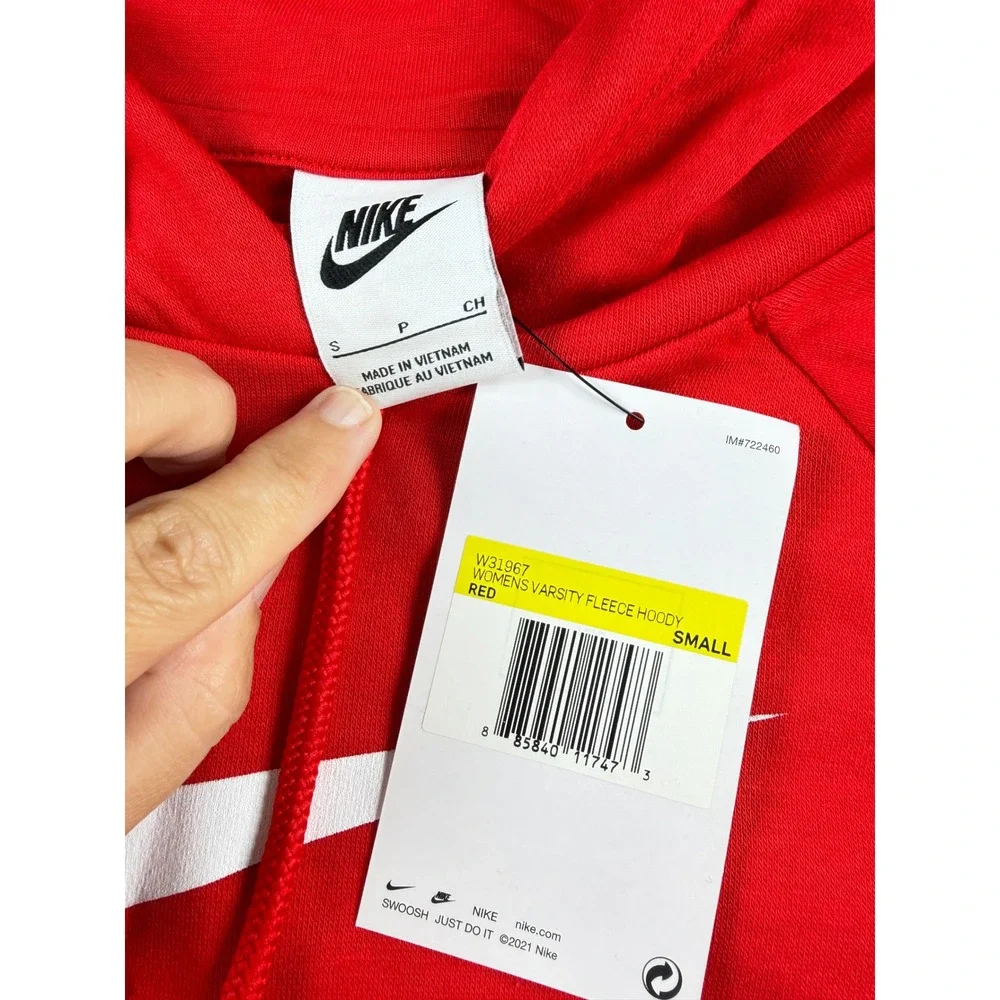 Nike Womens Varsity Fleece Hoody Red Pullover Swoosh Sweatshirt Sizr Small